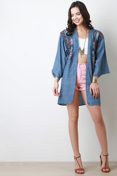 Tribal Stitching Chambray Kimono