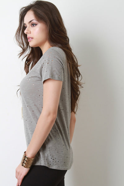 Distressed Round Neck Marled Tee