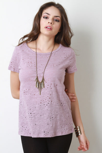 Distressed Round Neck Marled Tee