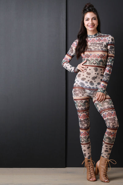 Indian Elephant Paisley Semi-Sheer Mesh Jumpsuit