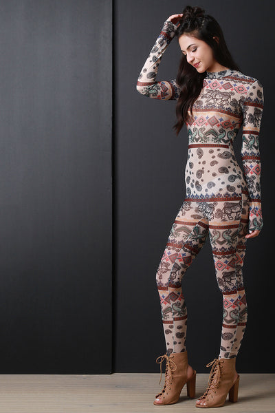 Indian Elephant Paisley Semi-Sheer Mesh Jumpsuit