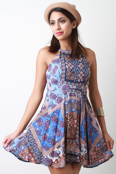 Open Back Paisley Print Skater Dress