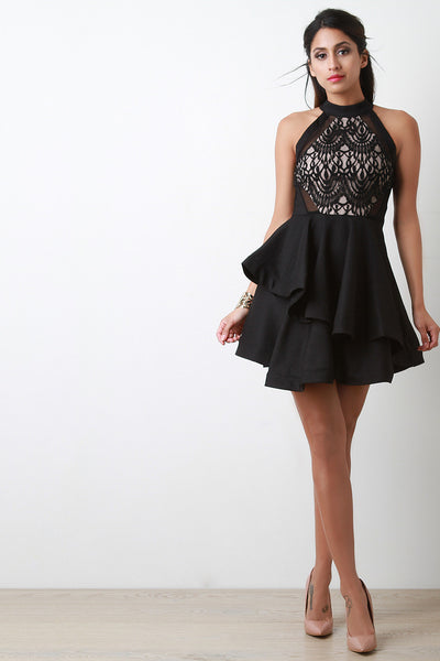 Semi-Sheer Lace Mock Neck Asymmetrical Ruffled Mini Dress