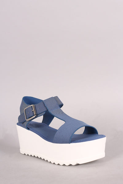 Bamboo Denim T-Strap Open Toe Lug Sole Flatform