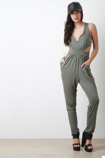 Plunge Neck Pocket Sleeveless Jumpsuit