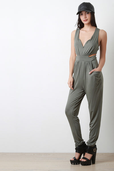 Plunge Neck Pocket Sleeveless Jumpsuit