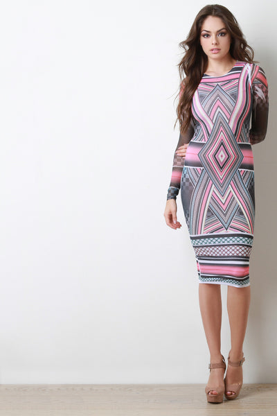 Diamond Geometrical Mesh Sleeves Dress