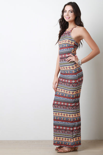 Lace Up Back Printed Maxi Dress