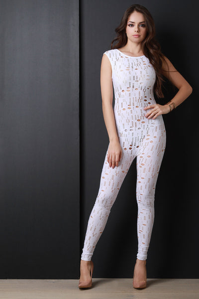 Distressed Hole Pattern Boat Neck Jumpsuit