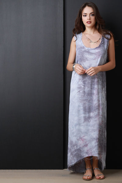 Frayed Edge Tie Dye High Low Hem Maxi Dress