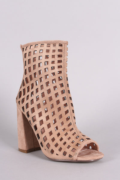 Suede Perforated Peep Toe Chunky Heeled Booties