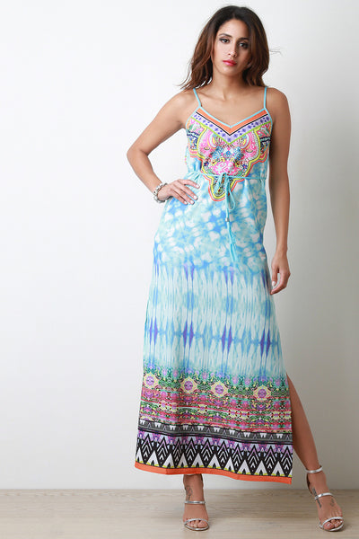 Tie Dye Floral Motif V Neck Maxi Dress