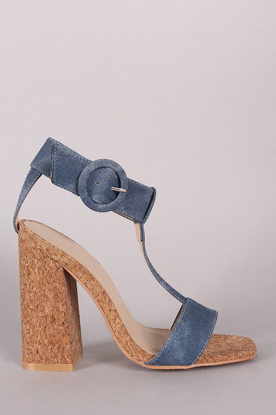 Denim T Strap Chunky Cork Heel