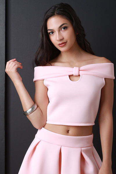 Neoprene Bardot Off the Shoulder Bow Crop Top