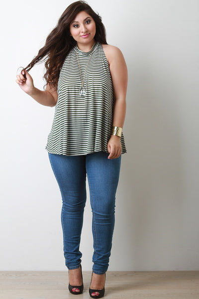 Striped Jersey Knit Mock Neck Sleeveless Top