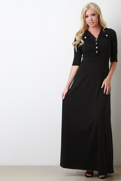 Solid V-Neck Button Up Maxi Dress