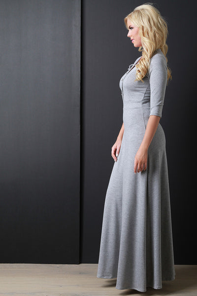 Solid V-Neck Button Up Maxi Dress