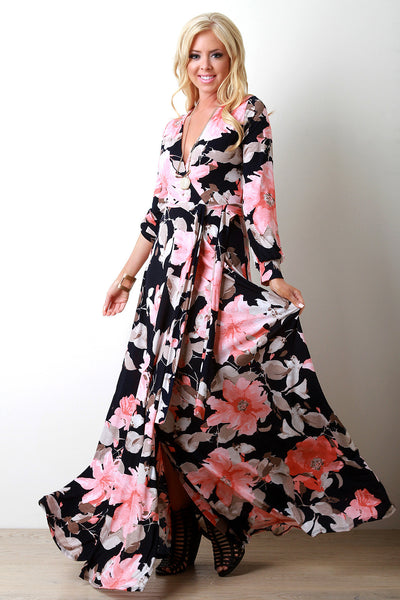 Floral Long Sleeve Maxi Wrap Dress