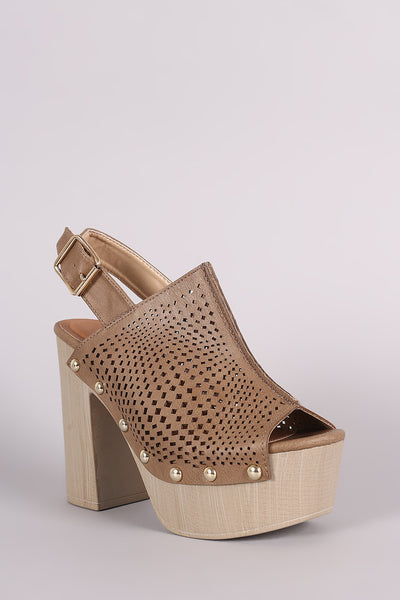 Qupid Perforated Slingback Studded Chunky Platform Mule Heel