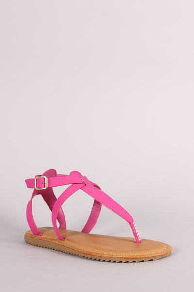 Bamboo Nubuck Lug Sole Crisscross Ankle Strap Thong Flat Sandal