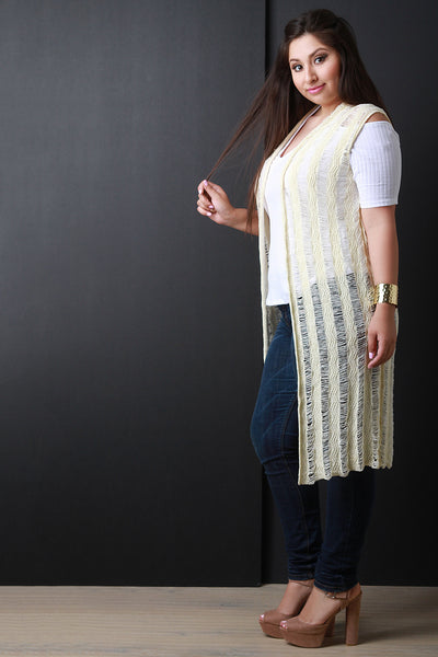 Woven Contrast Stripes Sleeveless Cardigan