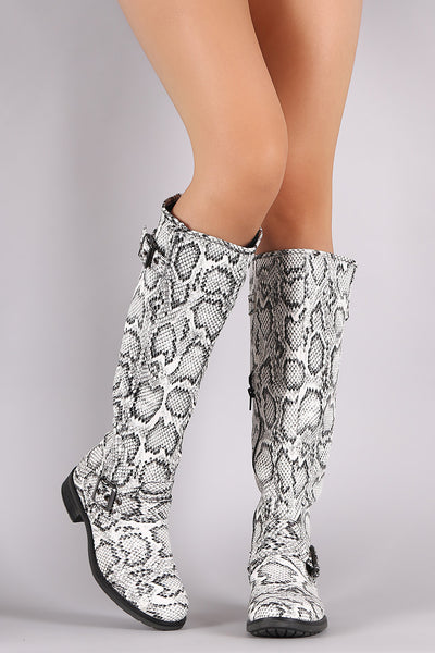 Python Buckled Riding Knee High Boots