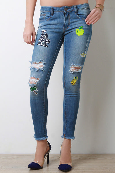 Frayed Hem Patch Skinny Jeans