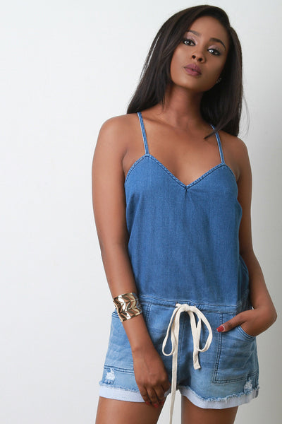 Faded Denim V-Neck Drawstring Cami Romper