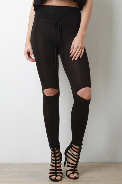 Cut Out Knee Drawstring Leggings