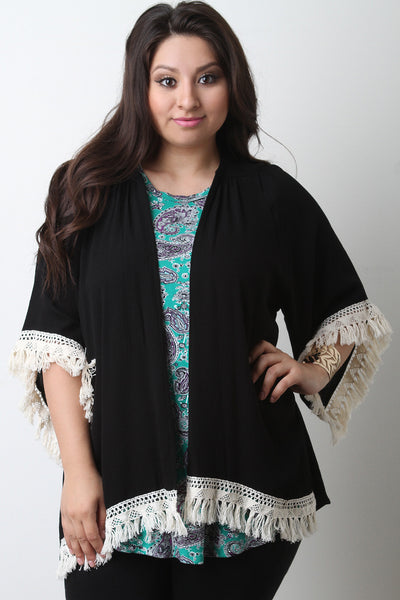 Tassel Crochet-Hem Open Front Cardigan