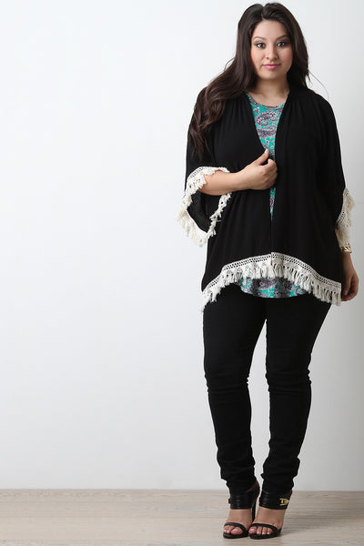 Tassel Crochet-Hem Open Front Cardigan