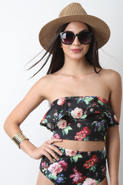 Strapless Floral Print Ruffle Crop Top