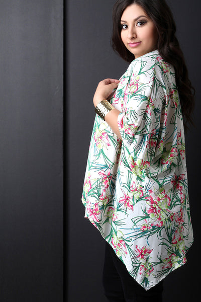 Floral Handkerchief Hem Short Sleeve Kimono