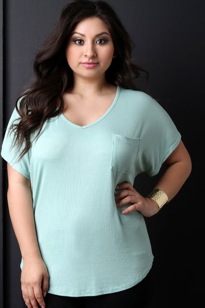 Ribbed Knit V-Neck Pocket Top