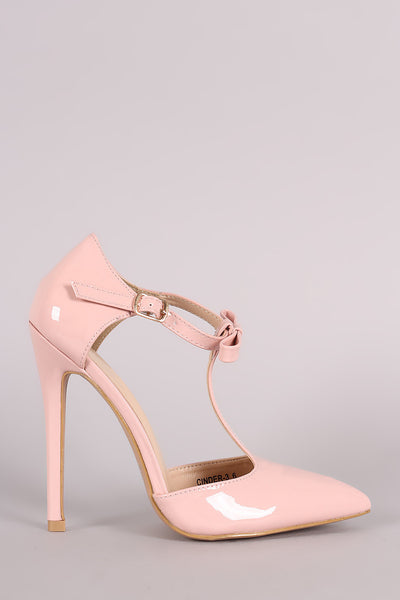 Patent Bow T-Strap Pointy Toe Stiletto Pump