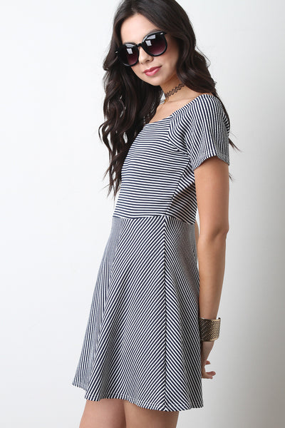 Textured Stripe Short Sleeve Skater Dress