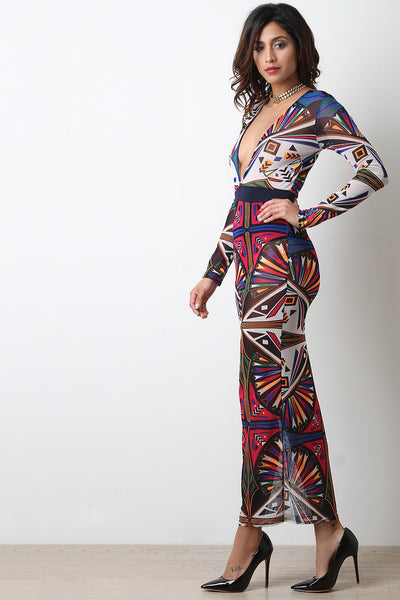 Abstract Geo Mesh Long Sleeve Maxi Dress