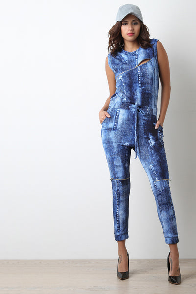 Denim Print Mock Neck Zippered Jumpsuit