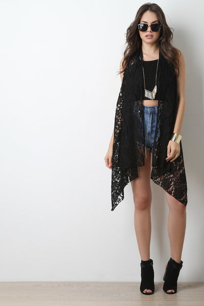 Crochet Lace Open Front Sleeveless Long Cardigan