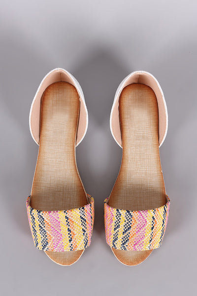 Snake Embossed Woven Straw Peep Toe Flat