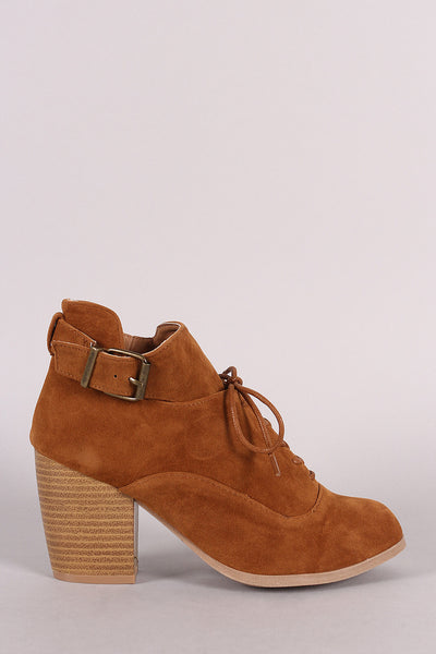 Qupid Lace Up Buckle Tongue Chunky Heel Booties