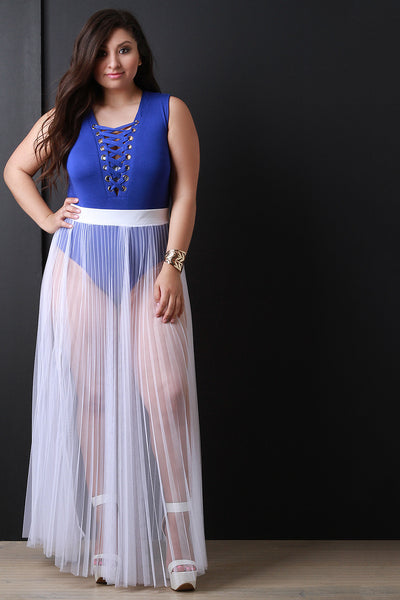 Sheer Mesh Tulle Pleated Maxi Skirt