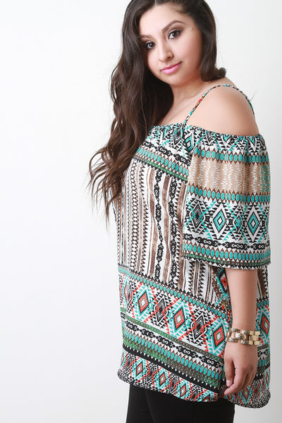 Tribal Print Cold Shoulder Elbow Sleeve Blouse Top