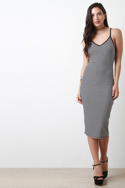 Striped V-Neck Sleeveless Midi Dress