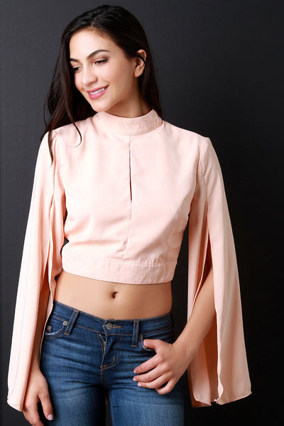 Mock Neck Keyhole Longsleeves Slit Top