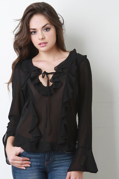 Chiffon Cascade Ruffle Long Sleeve Blouse Top