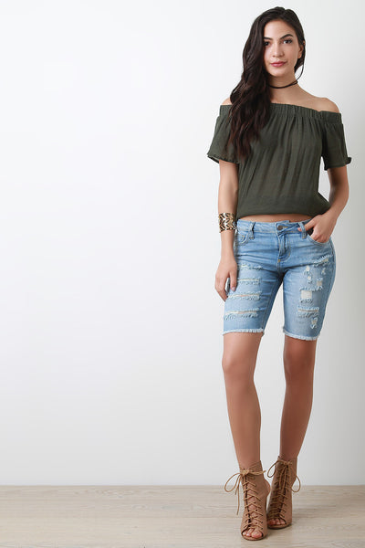 Distressed Frayed Hem Bermuda Denim Shorts