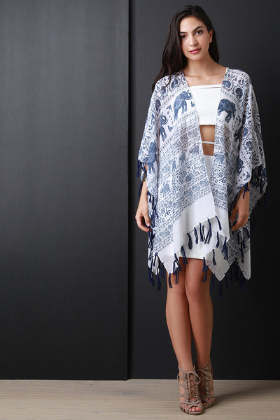 Elephant Print Fringe Hem Poncho Cardigan