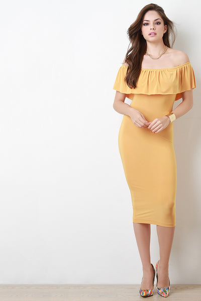 Off-The-Shoulder Ruffle Bodycon Midi Dress