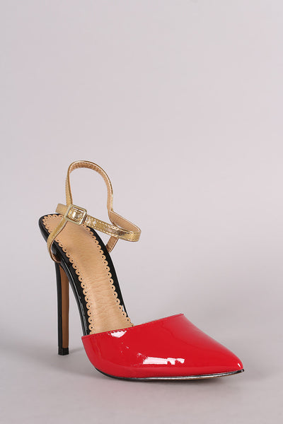 Patent Colorblock Pointy Toe Ankle Strap Pump